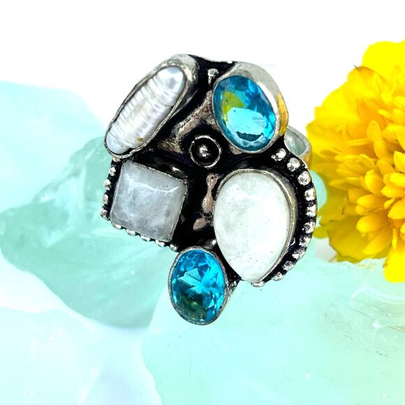 925 Sterling  Rainbow Moonstone, Blue Topaz & Biwa Pearl  Size 8.5 - Picture 1 of 7